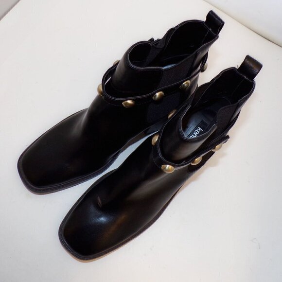 Kensie Karmela Stacked Heel Booties Faux Black Leather Studded Belt Size 10 New - Picture 3 of 5